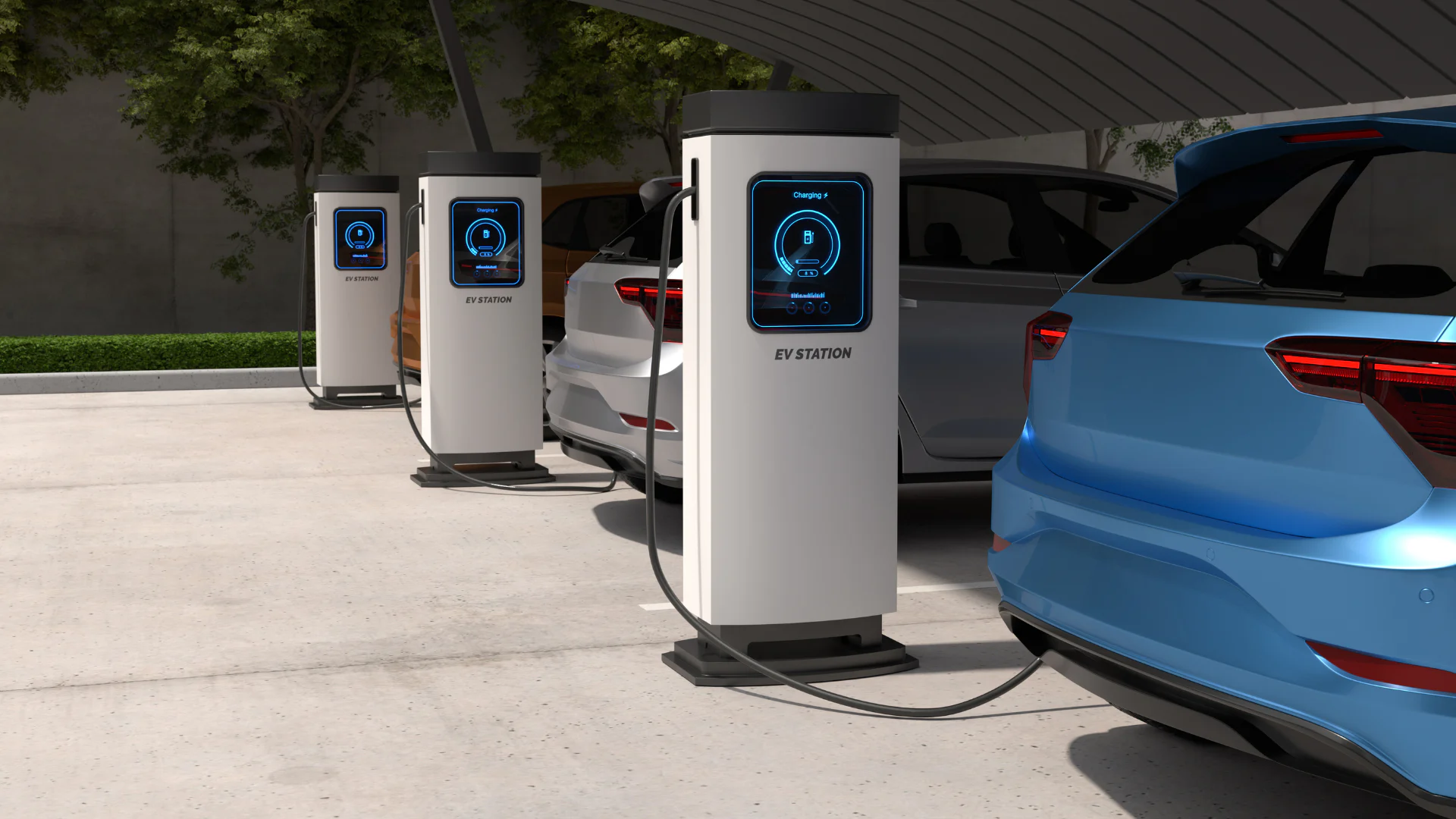 Commercial EV charging stations serving vehicles in an Australian car park