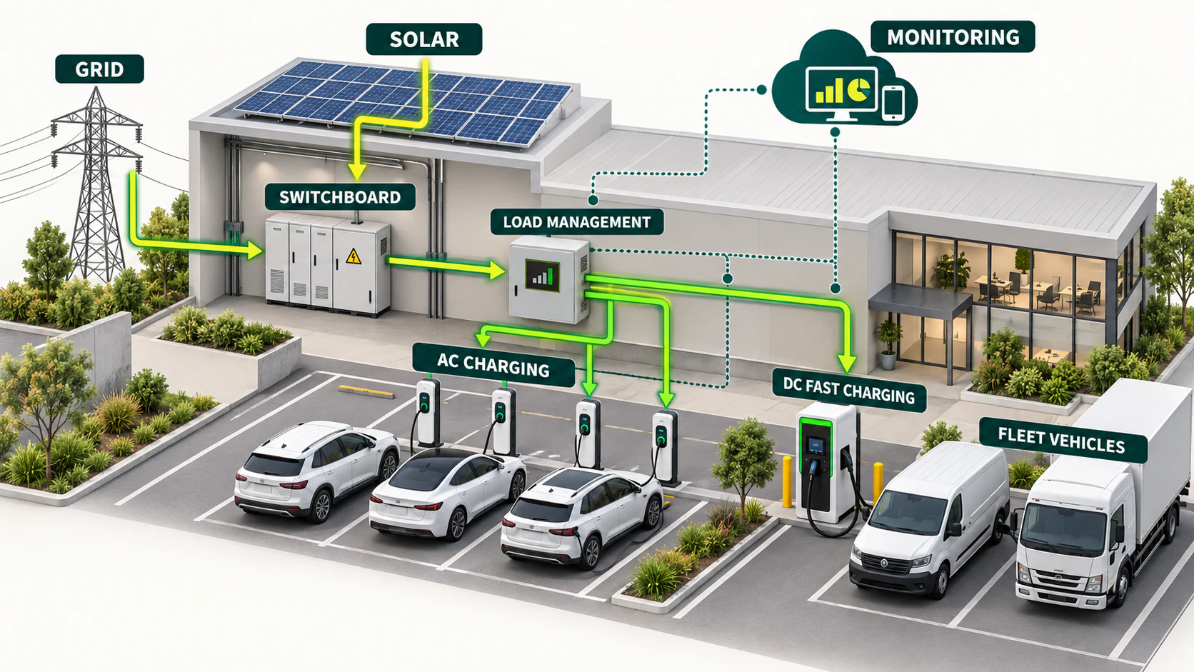 Commercial EV charging system showing grid and rooftop solar feeding a switchboard and load management system, which supplies AC workplace chargers, a DC fast charger and fleet vehicles, with cloud monitoring