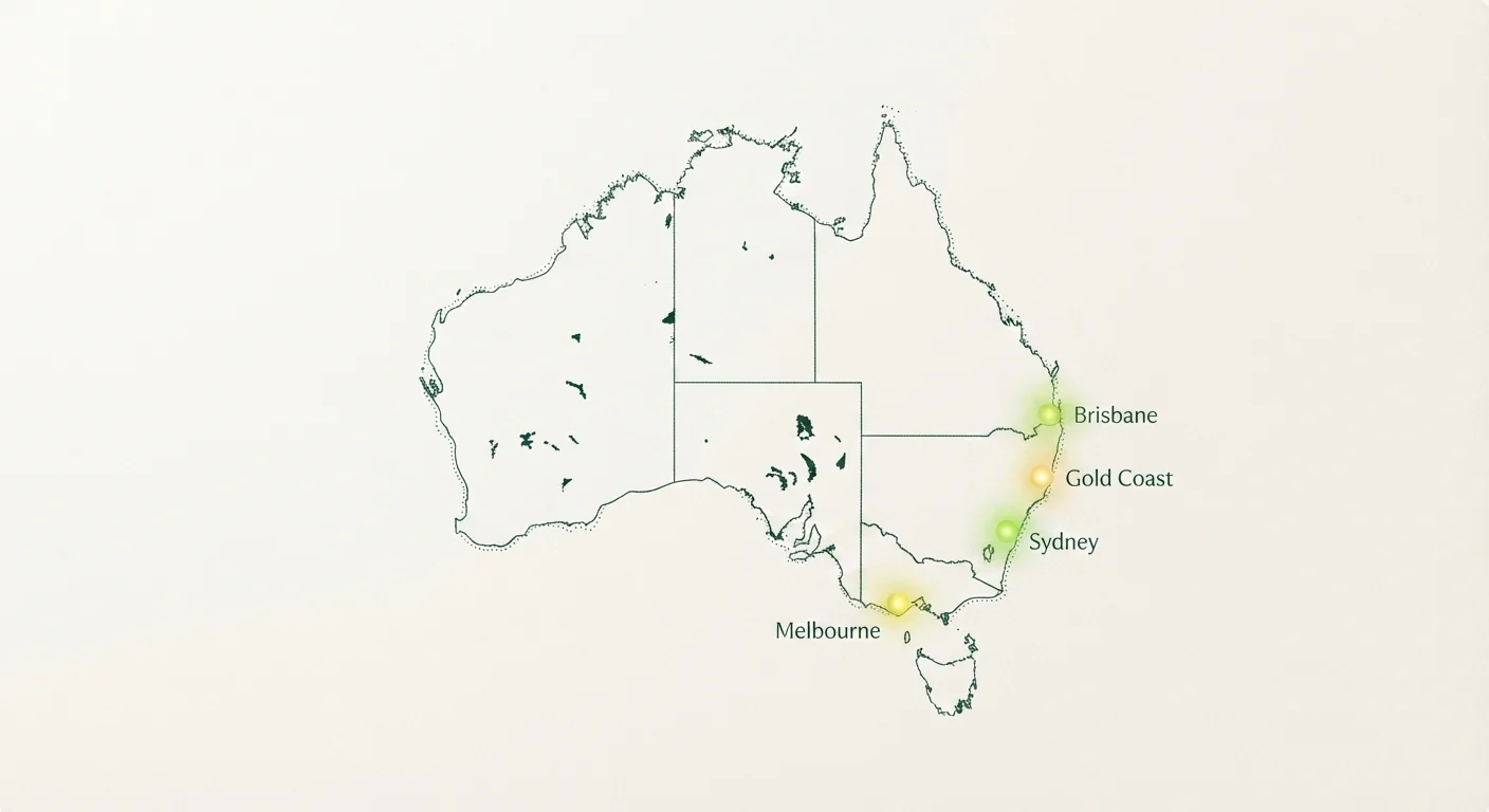 Sunbridge Energy service areas across Brisbane, Gold Coast, Sydney and Melbourne