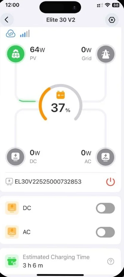 BLUETTI app home screen showing PV input, battery level and quick DC/AC controls