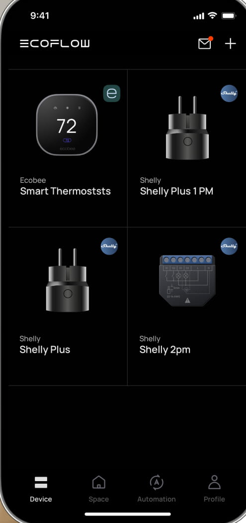 EcoFlow app device view with connected smart-home devices like a thermostat and smart plugs