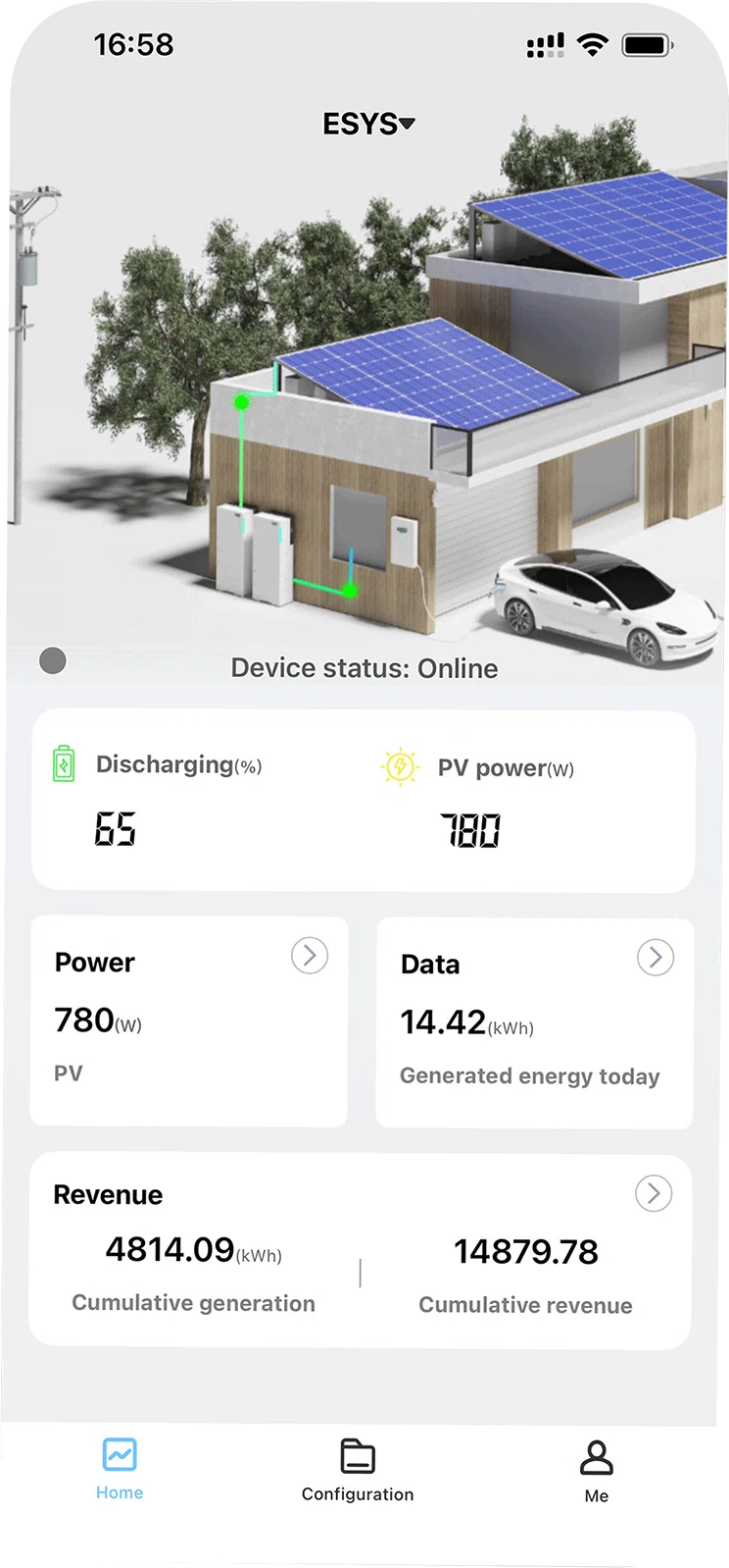 ESYsunhome home dashboard showing a solar house, discharging state and PV power