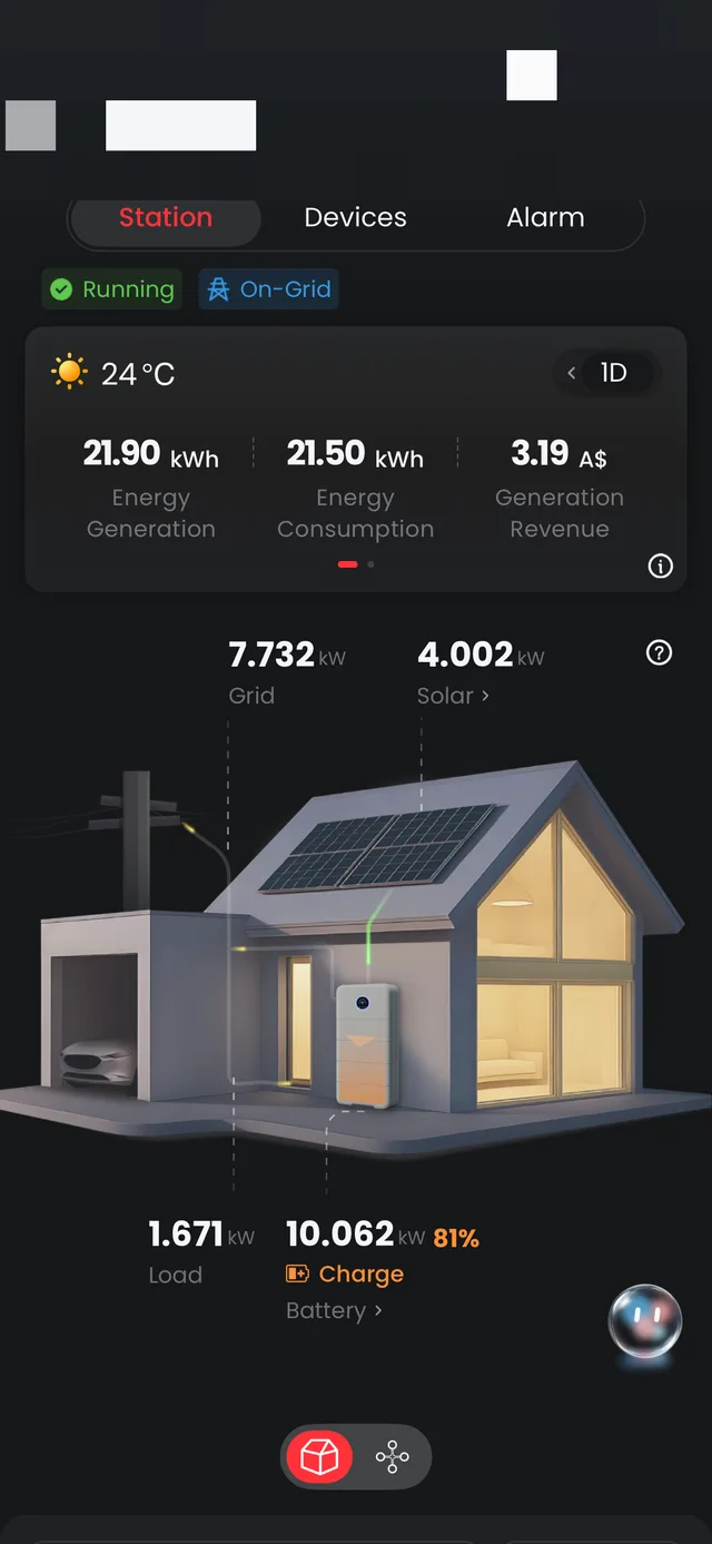 GoodWe SEMS station overview with a live 3D home energy-flow model