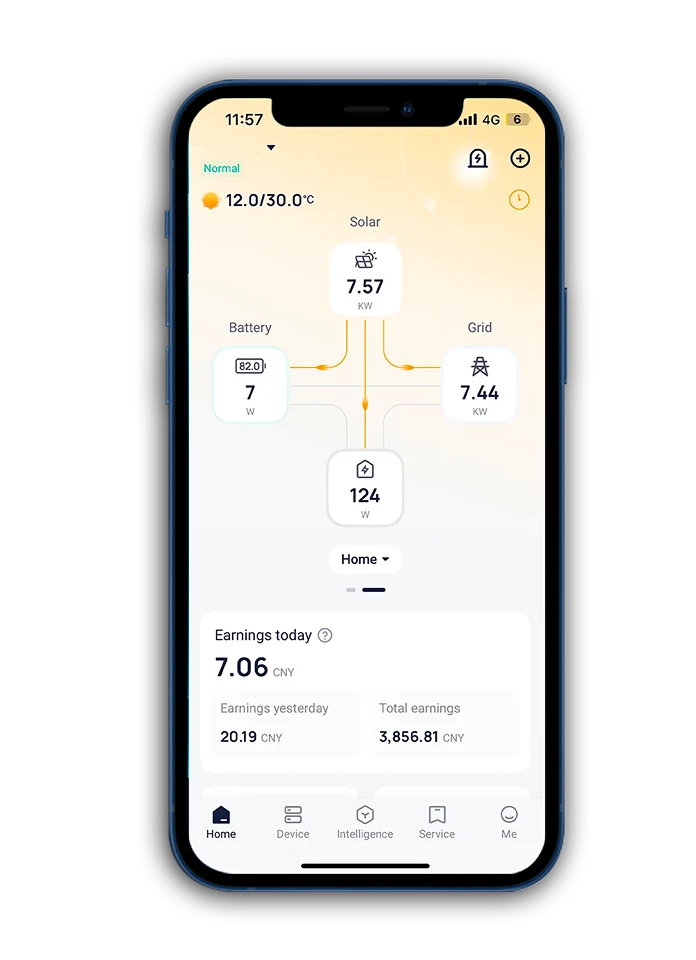 SolaXCloud home dashboard showing live solar, battery and grid power flow with daily earnings