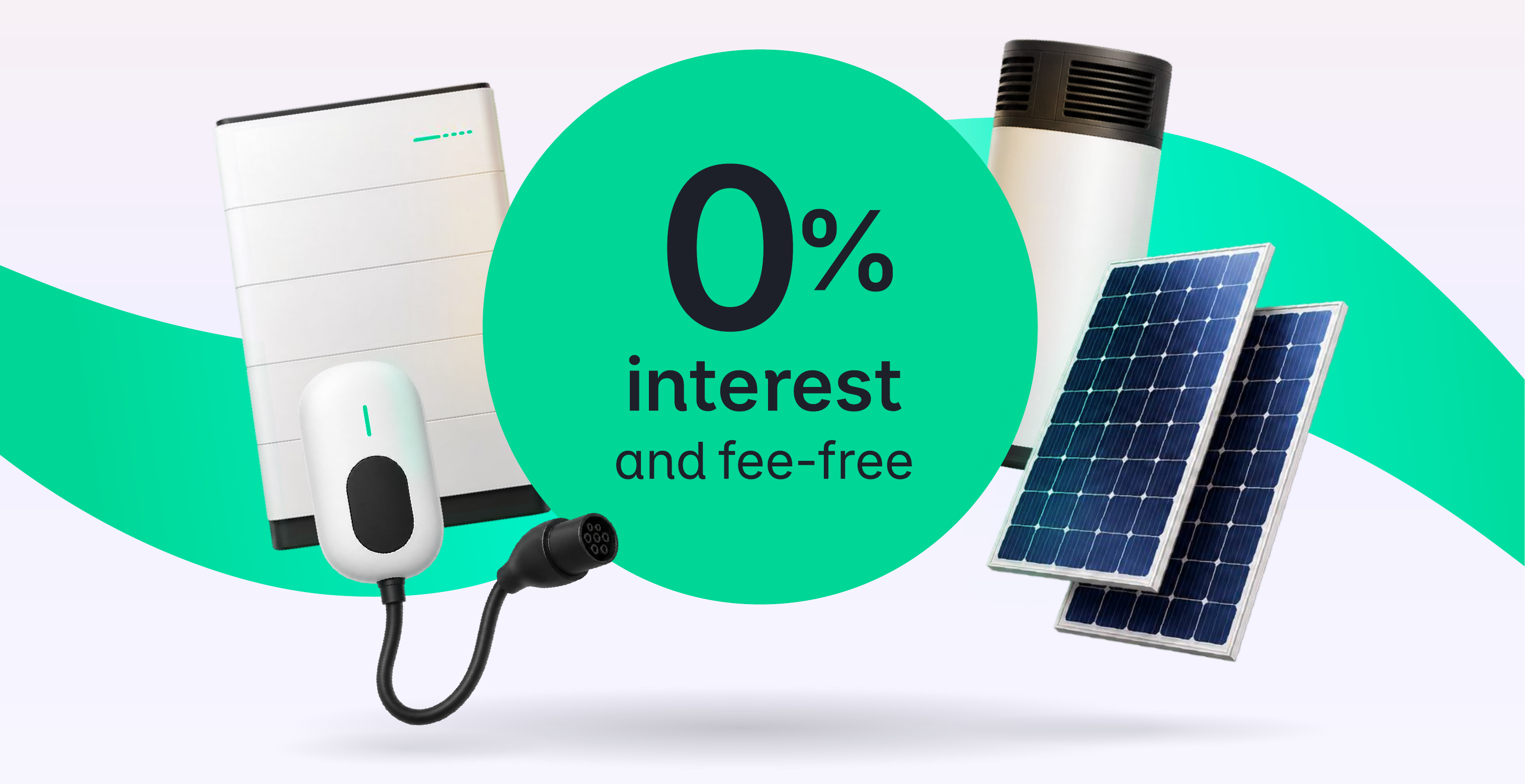 Brighte Home Energy Saver loan flyer showing 0% interest, a home battery, EV charger, heat pump and solar panels